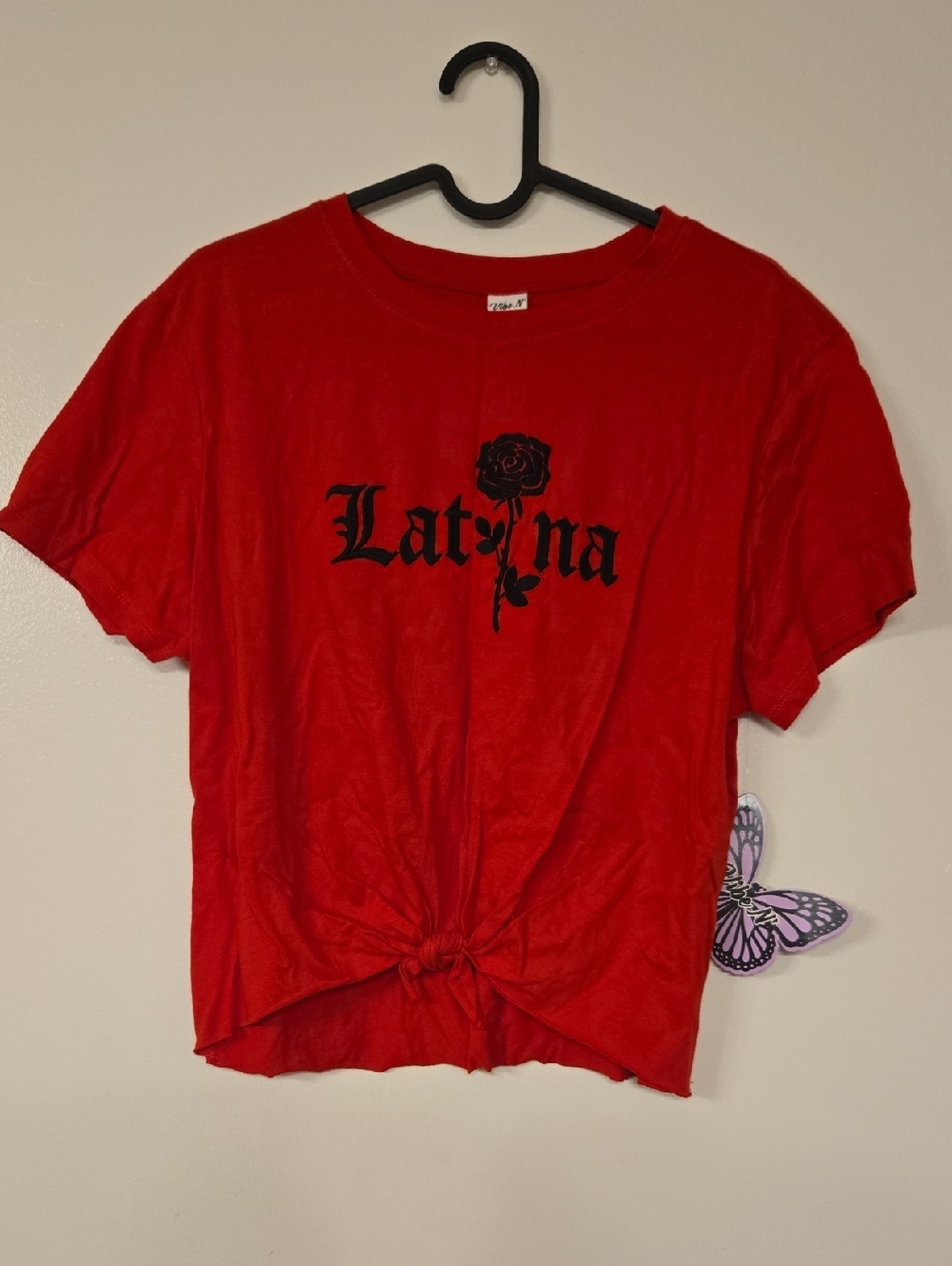Red 'Latina' Knot-Front Graphic Tee